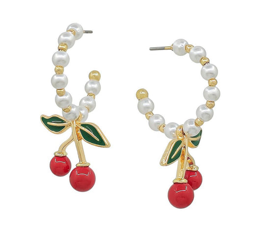 PEARL BEAD CHERRY CHARM OPEN HOOP EARRING