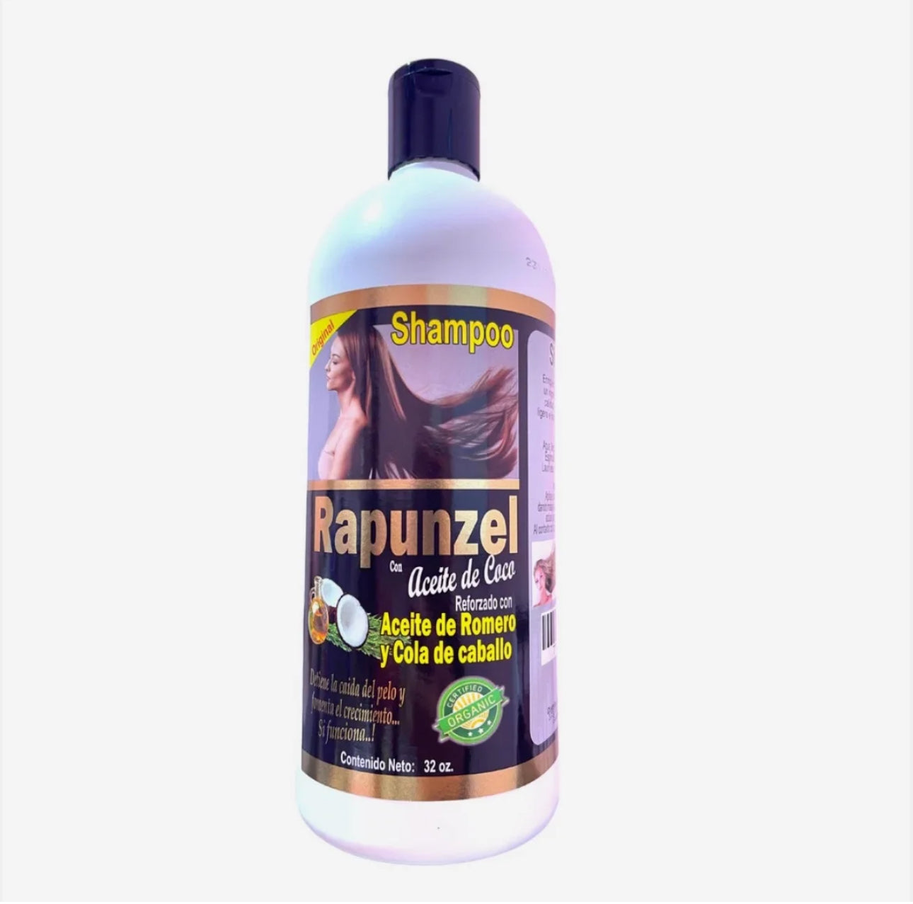 SHAMPOO RAPUNZEL CON ACEITE DE COCO REFORZADO CON ACEITE DE ROMERO Y COLA DE CABALLO 32oz